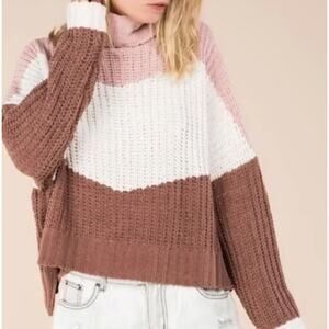 POL Colorblock Cropped Turtleneck Sweater Small Pink Cream Brown Chunky Knit